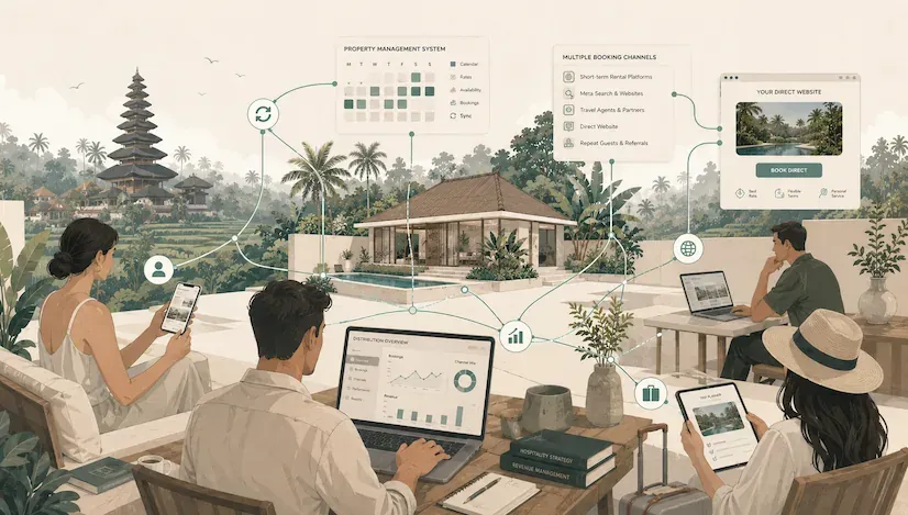 Illustration of villa owners on laptops and phones, linked to a booking calendar, booking channels and a direct website