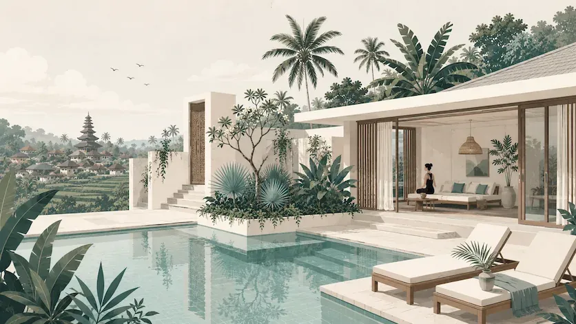 Illustration of a Bali villa with pool, sun loungers and open living room, rice terraces and a temple behind